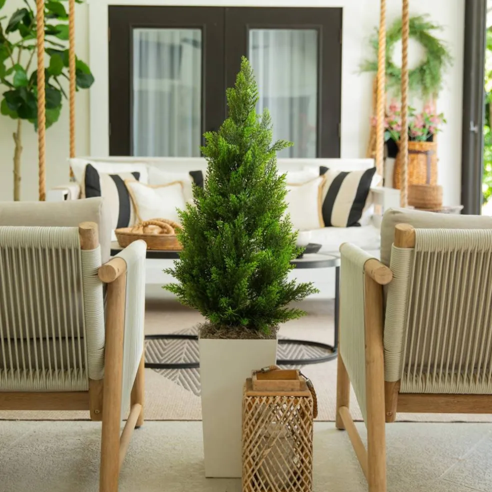45" UV Resistant Artificial Cedar Tree in White Tower Planter (Indoor/Outdoor)