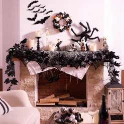 Valery Madelyn 9ft Halloween Garland with Lights, Thick Pre-Lit Light Up Black Maple Leaf Garland Halloween Decor for Mantle Fireplace Table Home Indoor