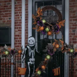 Valery Madelyn Halloween Garland with Lights, 6 Feet Pre-Lit Orange Purple Roses Black Maple Leaves Green Ball Ornaments Garland Decorations for Indoor Table Centerpiece Mantle Party Holiday Decor