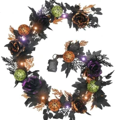 Valery Madelyn Halloween Garland with Lights, 6 Feet Pre-Lit Orange Purple Roses Black Maple Leaves Green Ball Ornaments Garland Decorations for Indoor Table Centerpiece Mantle Party Holiday Decor