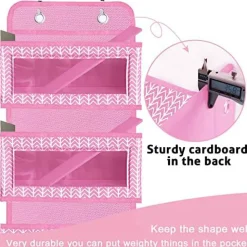 VERONLY Over the Door Hanging Organizer with 5 Large Pockets - Wall Mount Pantry Storage with 2 Big Metal Hooks for Baby Girl’s Diapers Closet,Bathroom,Nursery,Bedroom,Dorm,Baby,Kids Toys (Pink)