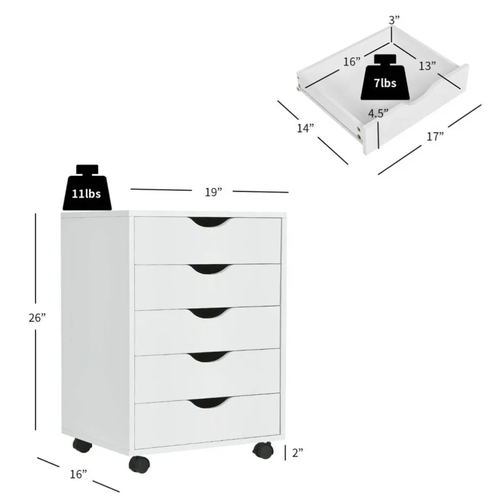 Versatile White MDF Filing Cabinet with 5 Drawers for Office or Home