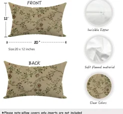 Vintage Floral Pillow Cover 20x12 Inch Double-Sided Decorative Cushion Case, Cottagecore Traditional Neutral Vine Wildflower Flannel Throw Pillow Cover for Couch Bed Bedroom Living Room Home Decor