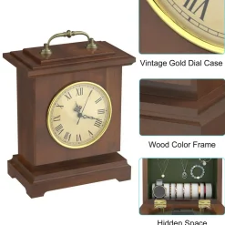 Vintage Mantel Clock with Hidden Safe, Silent Non-Ticking Wooden Desk Clock