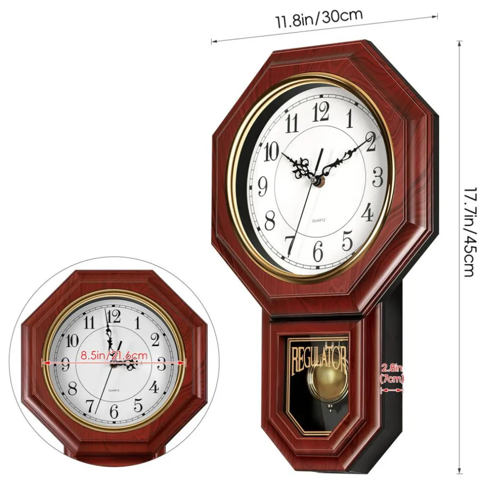 Vintage Regulator Pendulum Wall Clock, 17.7in Silent Quartz Decorative Clock