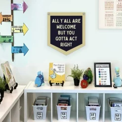 Vintage Retro Classroom Welcome Banner Sign – “All Y’all Are Welcome But You Gotta Act Right” Funny Classroom Door Decor, Linen Wall Hanging for High School, Middle School & Homeschool (12.4" x 14.17")