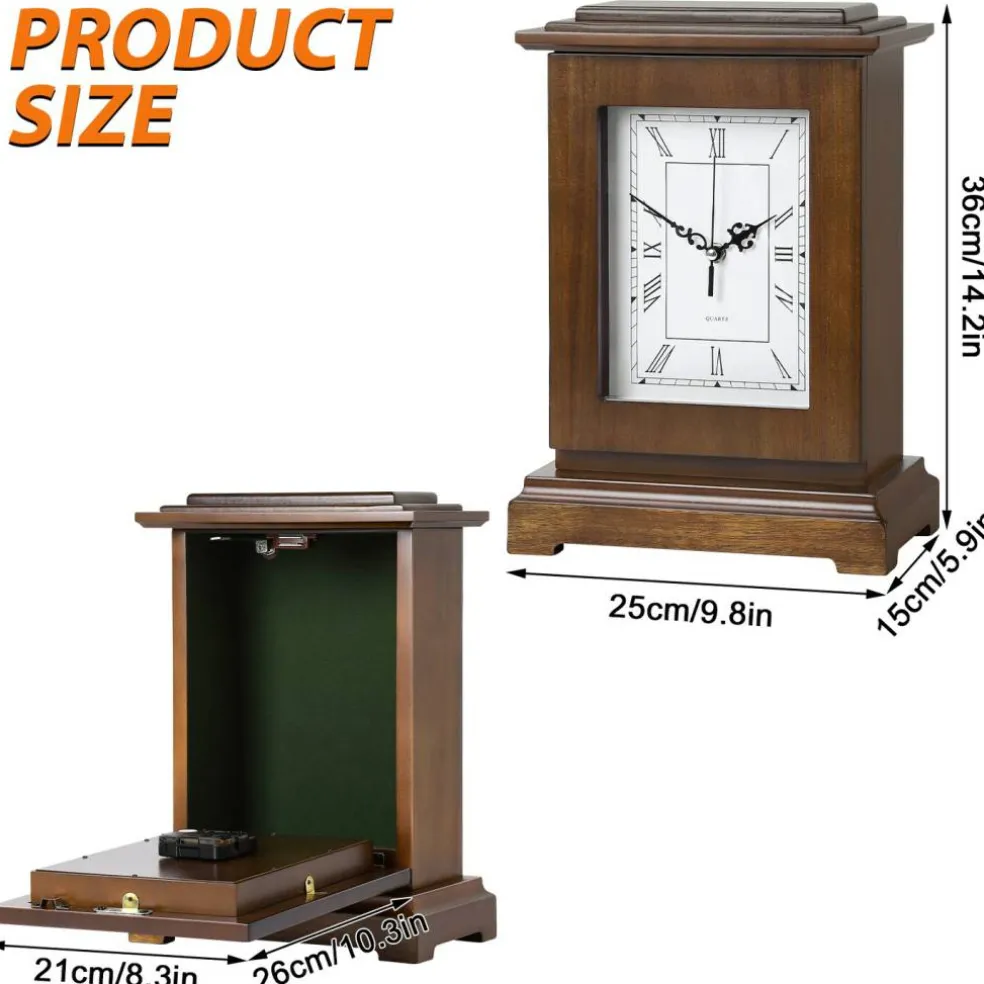 Vintage Wooden Mantel Clock Safe, Hidden Storage Desk Clock with Lock
