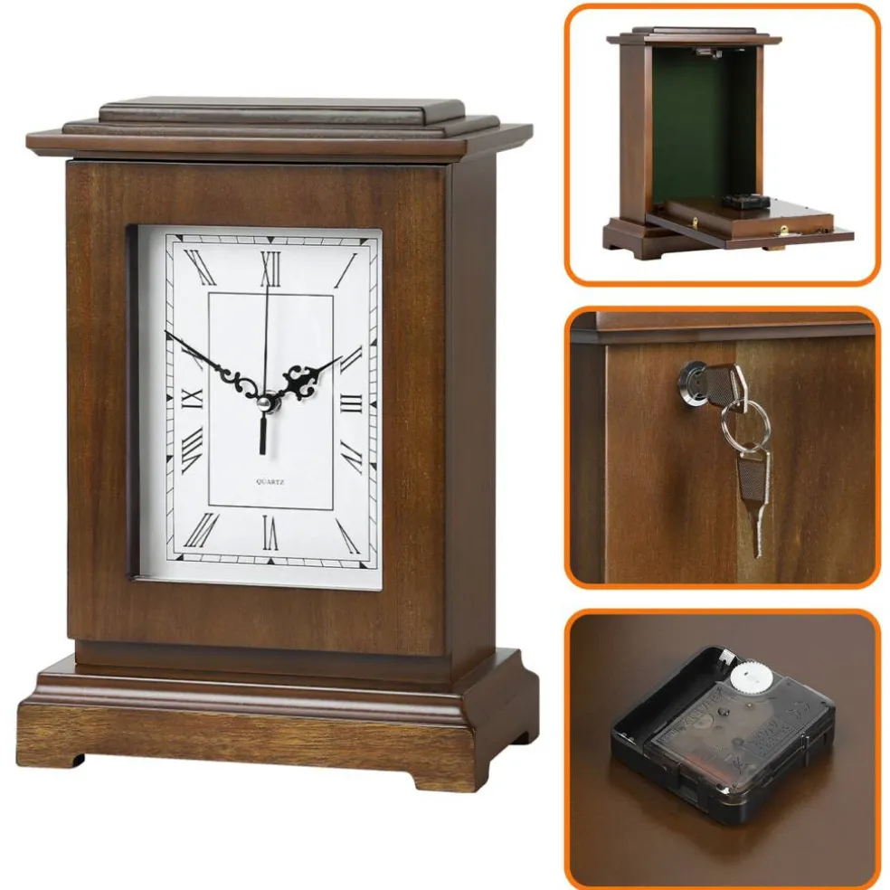 Vintage Wooden Mantel Clock Safe, Hidden Storage Desk Clock with Lock