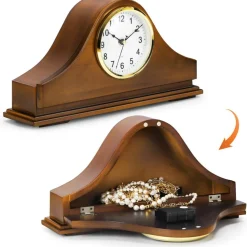 Vintage Wooden Mantel Clock with Hidden Storage, Silent Non-Ticking Table Clock