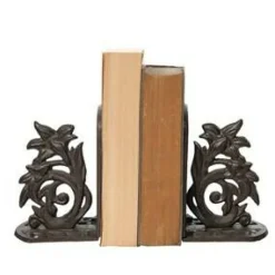 VIP Flower Bookend Set of 2 Vintage Floral Bookends, Traditional, Tabletop, Living Room, Cast Iron, Dark Brown, Home Decor