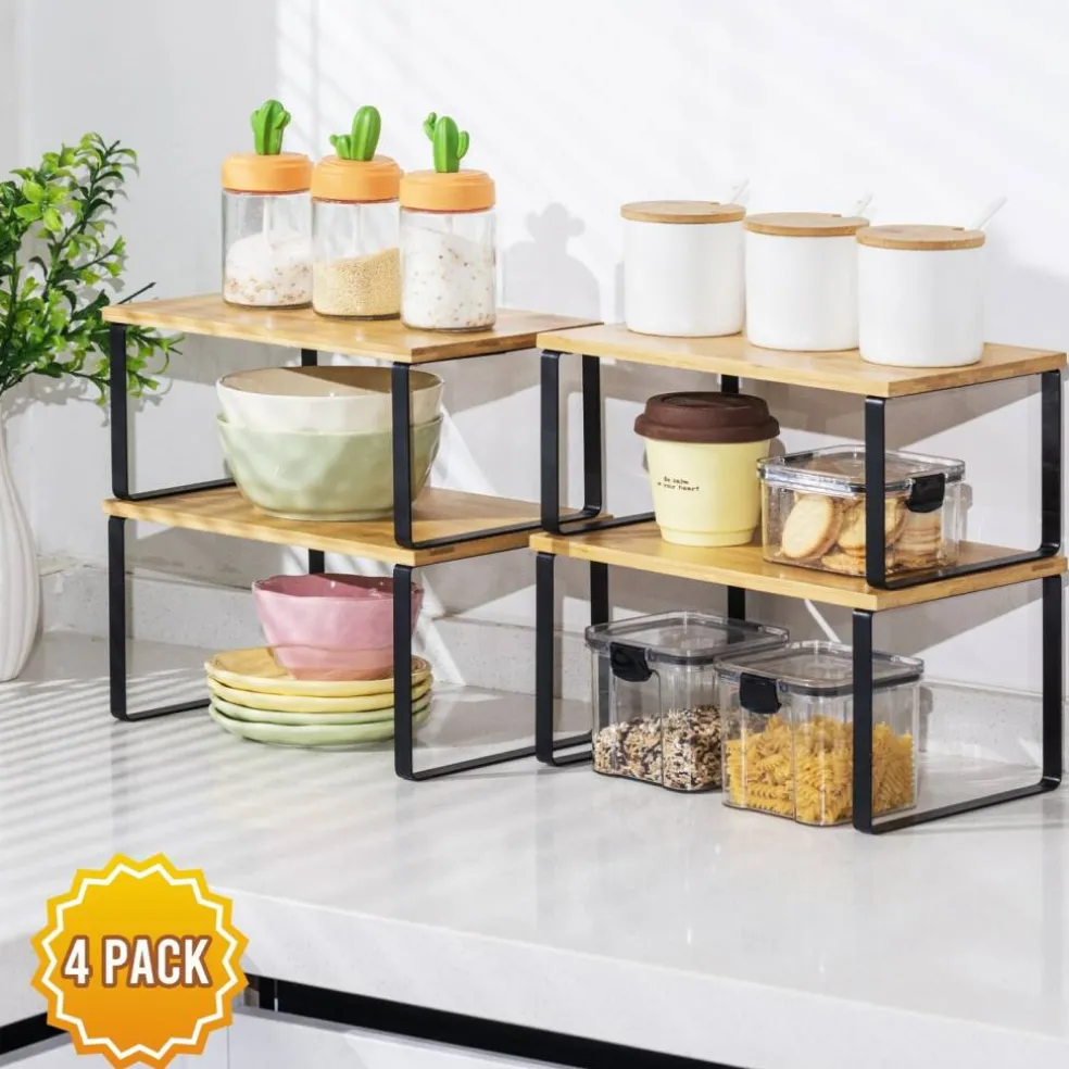 VUSIGN Cabinet Organizer Shelf, 4 Sets Kitchen Counter Shelves, Stackable Expandable Spice Rack,Cloud White and Natural Beige