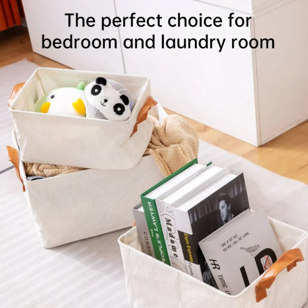 VUSIGN Non‑Woven Storage with Handle Medium Light Beige – 12.8″×10″×7.2″ Fabric Organizer Bin with Handles for Home & Closet (2-Pack)