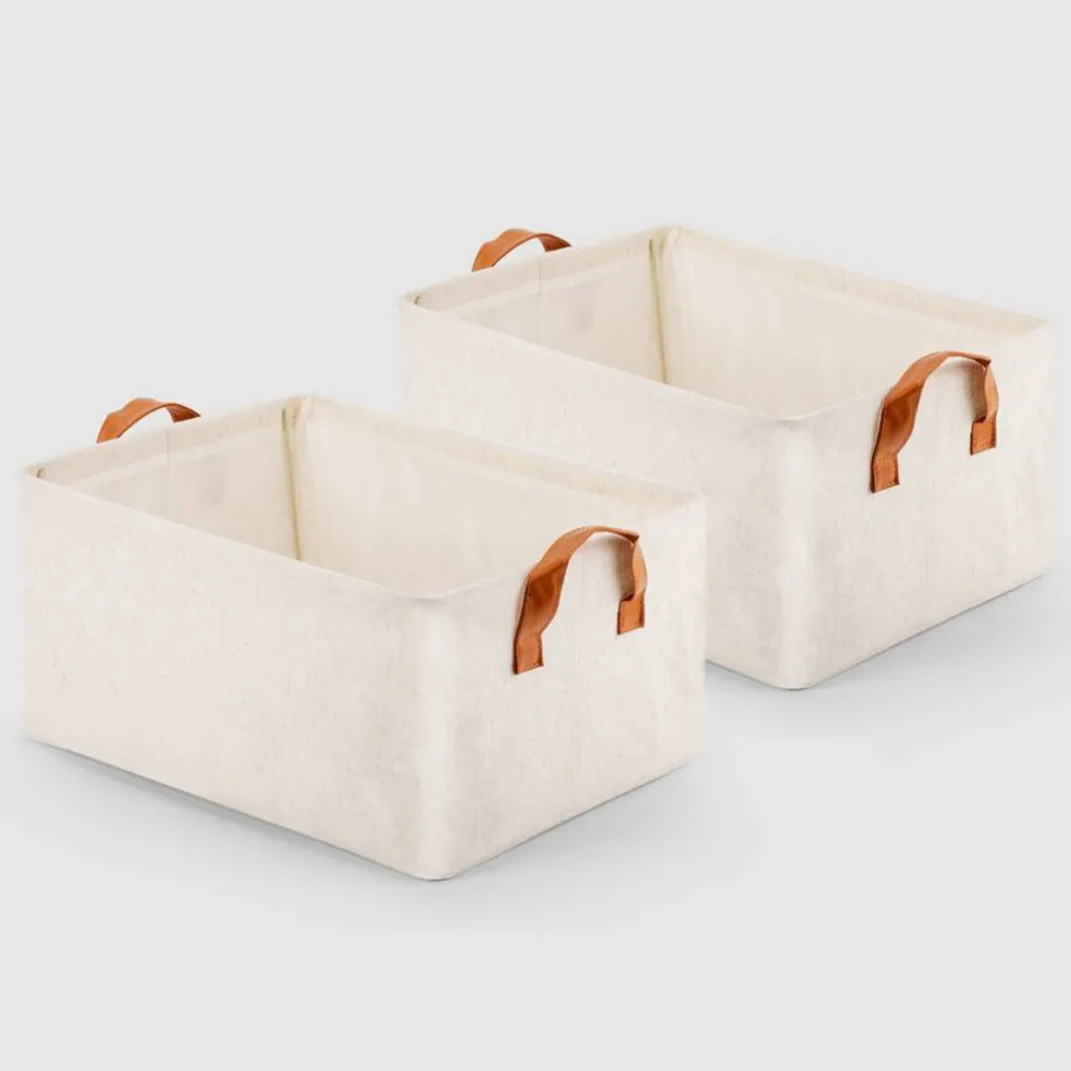 VUSIGN Non‑Woven Storage with Handle Medium Light Beige – 12.8″×10″×7.2″ Fabric Organizer Bin with Handles for Home & Closet (2-Pack)