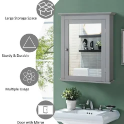 Wall Mount Bathroom Cabinet with Mirror Single Door Adjustable Shelf and Retro Handle