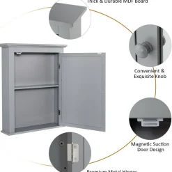 Wall Mount Bathroom Cabinet with Mirror Single Door Adjustable Shelf and Retro Handle