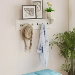 Wall Mounted Coat Rack with Shelf 6 Hooks Entryway Storage Organizer