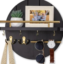 Wall Mount Key Holder, 11.8 Inch Rack With Shelf and 6 Hooks, Rustic Mail Organizer, Circular Wooden Hanger for Entryway Hallway Kitchen (Black&Gold)