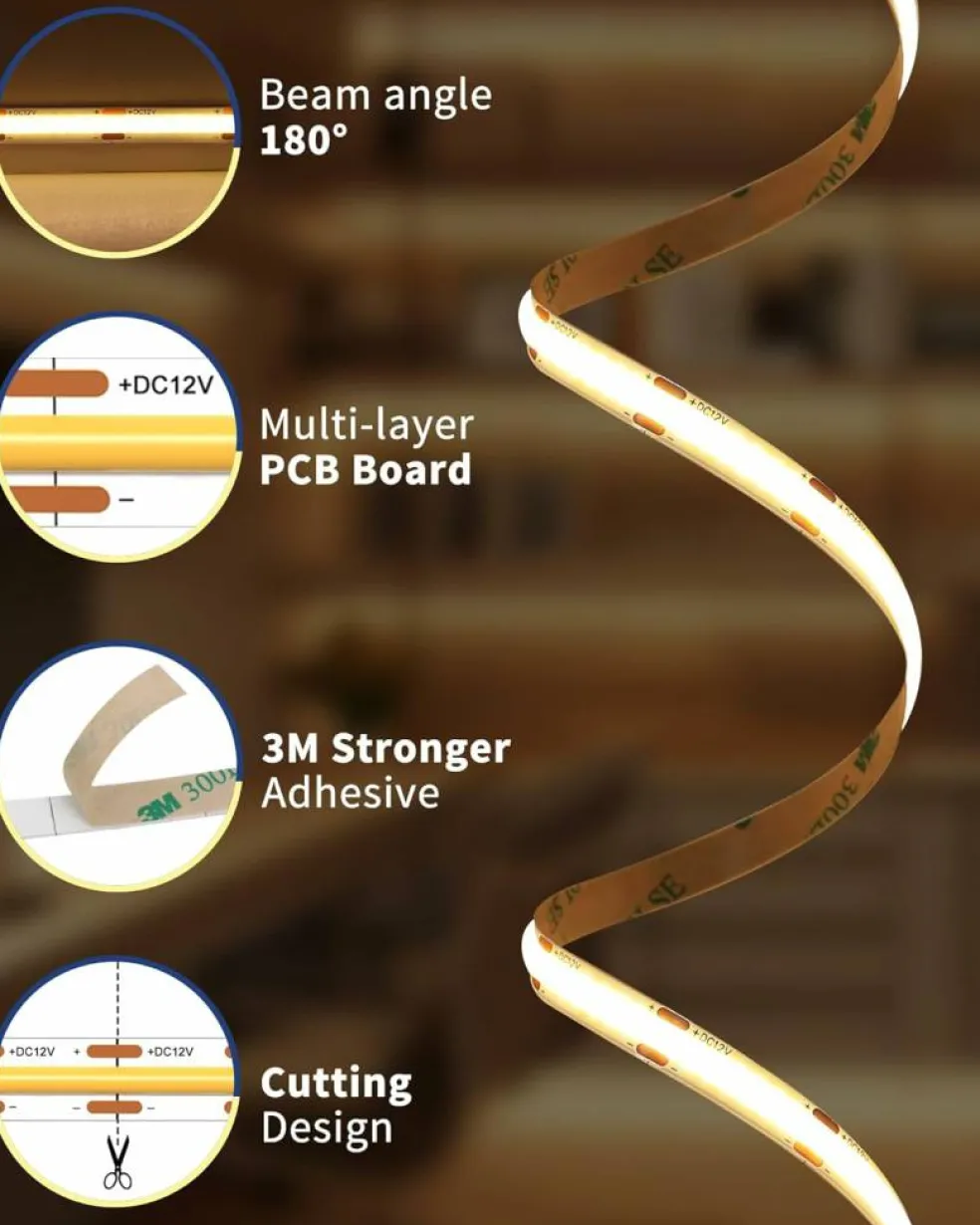 Warm White COB LED DC 12v 3000K Dimmable Strip Lights (Power Source Sold Separately)