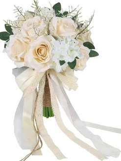 Wedding Bouquets for Bride Bridesmaid, White Champagne Ivory Bridal Bouquet Artificial Flowers Roses Tossing Bouquet for Wedding Ceremony
