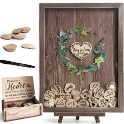 Wedding Guest Book Alternative, Rustic Wedding Decorations for Reception, Favors for Guests 80 Hearts Green Wreath (Rustic Brown)