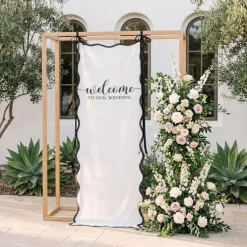 Wedding Welcome Sign Fabric Banner 27 x 78 Inch Scalloped Edge Welcome to Our Wedding Backdrop with Ribbons Cotton Hanging Banner for Bridal Shower Engagement Ceremony Reception Decorations