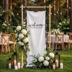Wedding Welcome Sign Fabric Banner 27 x 78 Inch Scalloped Edge Welcome to Our Wedding Backdrop with Ribbons Cotton Hanging Banner for Bridal Shower Engagement Ceremony Reception Decorations