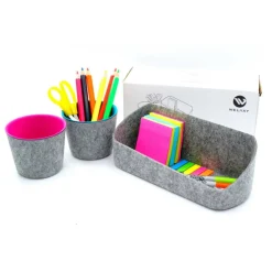 Welaxy Felt 3 Piece Gray Tray with Orange & Green Cups Desktop Organizer Set