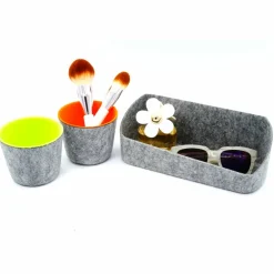 Welaxy Felt 3 Piece Gray Tray with Orange & Green Cups Desktop Organizer Set