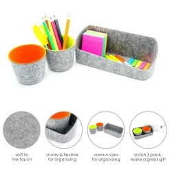 Welaxy Felt 3 Piece Gray Tray with Orange & Green Cups Desktop Organizer Set