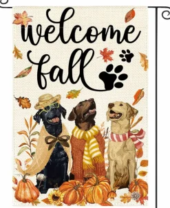 Welcome Fall Dog Garden Flag 12x18 Inch Double Sided Pumpkin Autumn Leaves Yard Banner, Rustic Weather Resistant Outdoor Porch Lawn Seasonal Home Decoration Flag