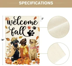 Welcome Fall Dog Garden Flag 12x18 Inch Double Sided Pumpkin Autumn Leaves Yard Banner, Rustic Weather Resistant Outdoor Porch Lawn Seasonal Home Decoration Flag