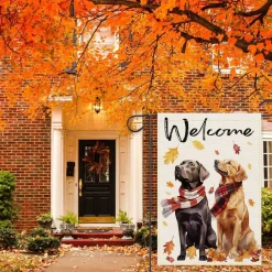 Welcome Fall Dog Garden Flag 12x18 Inch Double Sided Golden Retriever Labrador Burlap Yard Banner, Thanksgiving Outdoor Porch Lawn Seasonal Farmhouse Home Decoration Flag