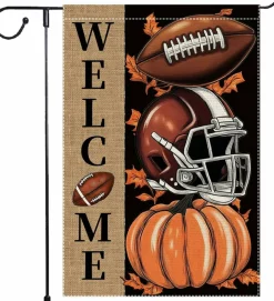 Welcome Fall Garden Flag 12x18 Inch Thanksgiving Pumpkin Football Decor, Double Sided Burlap Autumn Yard Flag with Maple Leaves for Porch Garden Lawn Outdoor Seasonal Decoration