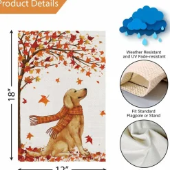 Welcome Fall Garden Flag 12x18 Inch Double Sided Golden Retriever Maple Autumn Yard Banner, Burlap Thanksgiving Outdoor Porch Lawn Farmhouse Seasonal Home Decoration Sign