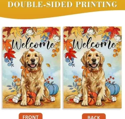 Welcome Fall Golden Retriever Dog Garden Flag 12x18 Inch, Double Sided Autumn Pumpkin Maple Leaves Yard Decor, Weather Resistant Thanksgiving Outdoor Porch Decoration Pet Lover Gift