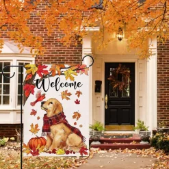 Welcome Fall Golden Retriever Dog Garden Flag 12x18 Inch, Double Sided Autumn Burlap Yard Decor with Pumpkin Cardinal Maple Leaves for Thanksgiving Outdoor Porch Decoration Pet Lover Gift