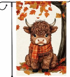 Welcome Fall Highland Cow Garden Flag 12x18 Inch Double Sided Burlap Autumn Maple Leaf Yard Banner, Rustic Farmhouse Outdoor Porch Lawn Seasonal Home Decoration Flag