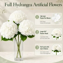 White Artificial Hydrangea Flowers Set of 3, 21 Inch Real Touch Faux Hydrangea Stems with 8.6 Inch Full Bloom, Lifelike Fake Flowers for Wedding Centerpieces Home Decor Vase Arrangements