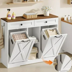 White Bathroom Cabinet with Tilt-Out Laundry Baskets 2-Compartment Storage