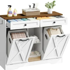 White Bathroom Cabinet with Tilt-Out Laundry Baskets 2-Compartment Storage