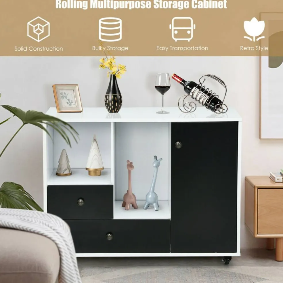 White Black Rolling Printer Stand File Cabinet Engineered Wood Adjustable Shelf Casters