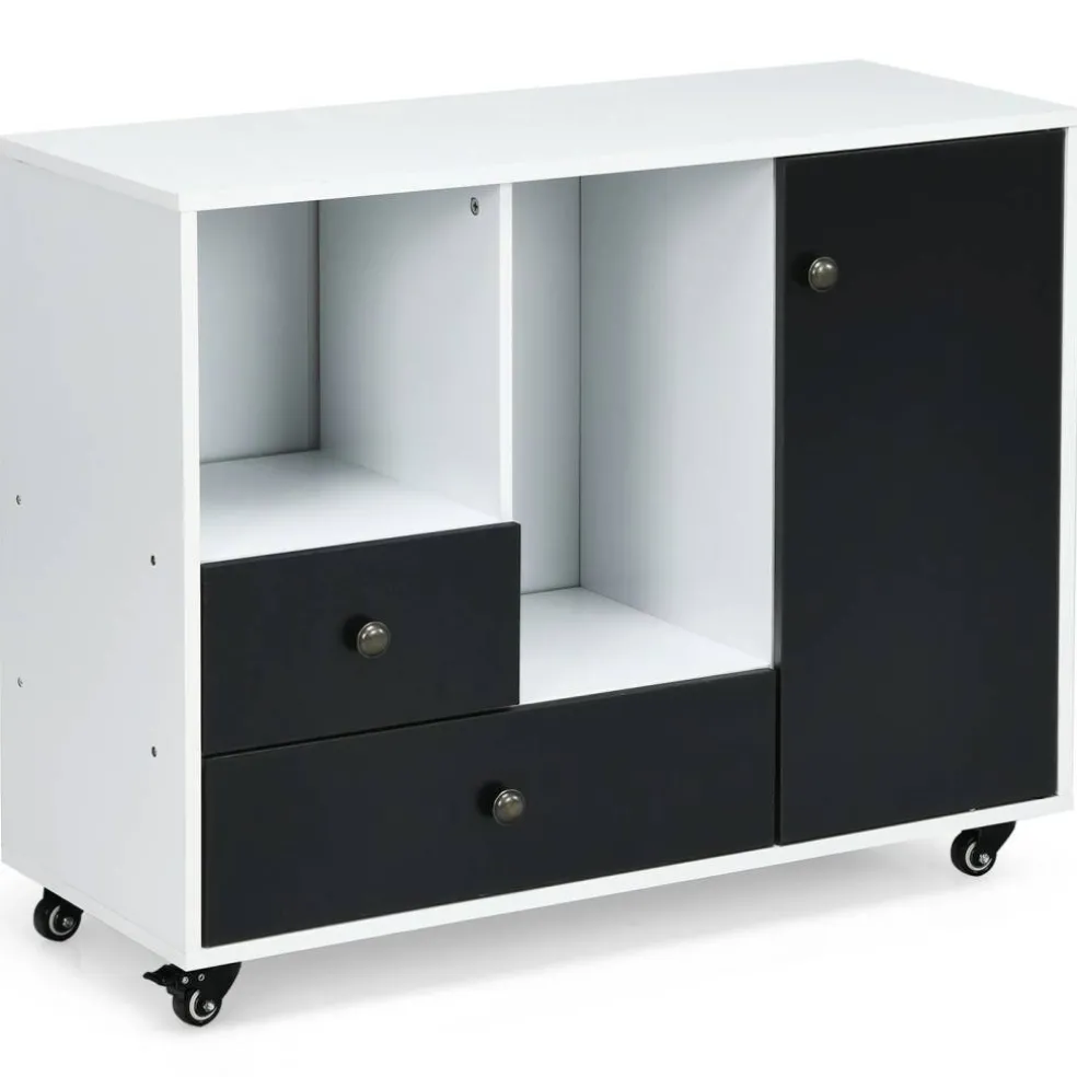 White Black Rolling Printer Stand File Cabinet Engineered Wood Adjustable Shelf Casters