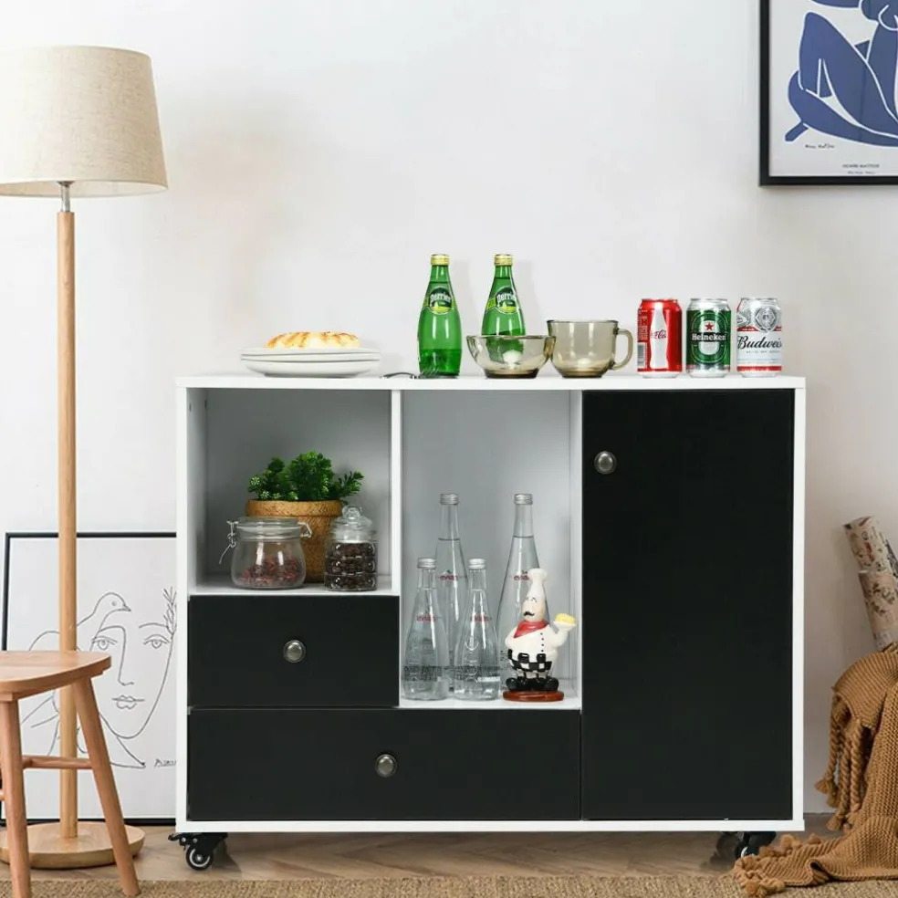 White Black Rolling Printer Stand File Cabinet Engineered Wood Adjustable Shelf Casters
