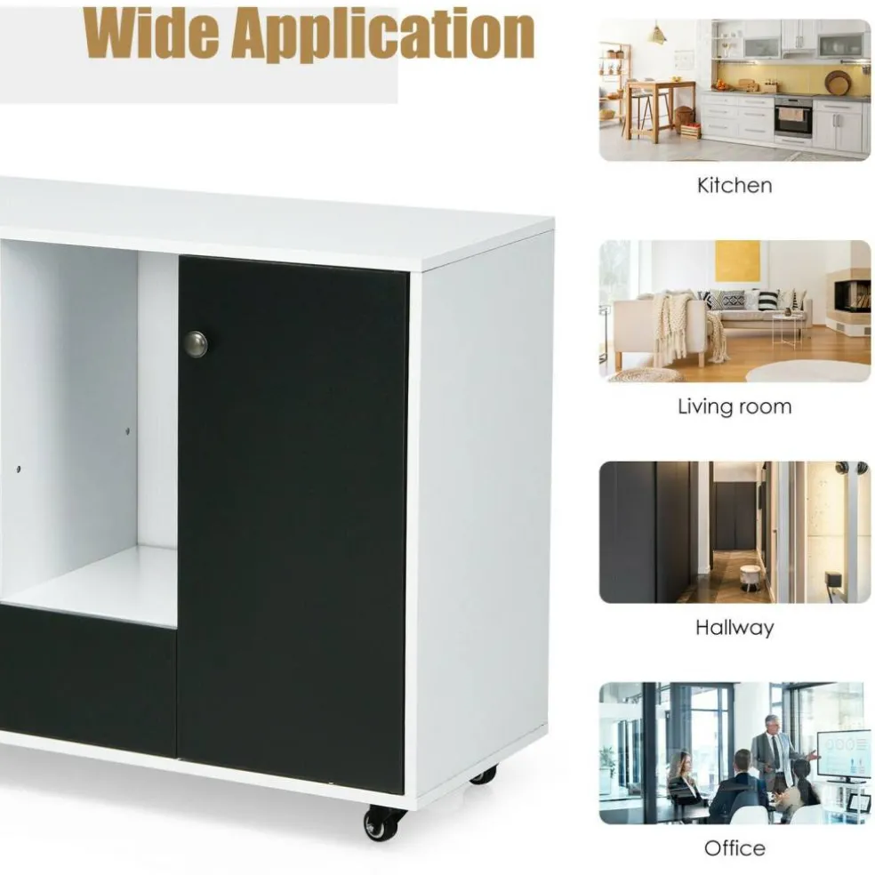 White Black Rolling Printer Stand File Cabinet Engineered Wood Adjustable Shelf Casters