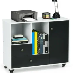 White Black Rolling Printer Stand File Cabinet Engineered Wood Adjustable Shelf Casters