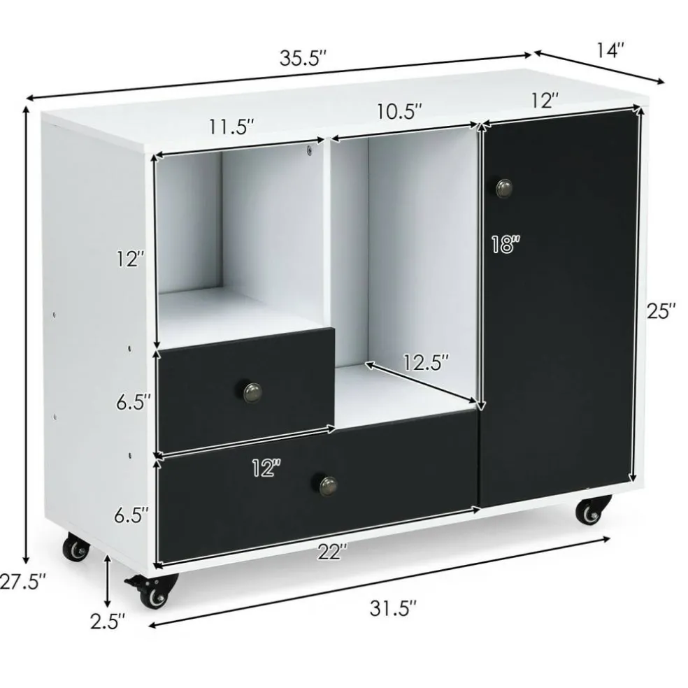 White Black Rolling Printer Stand File Cabinet Engineered Wood Adjustable Shelf Casters