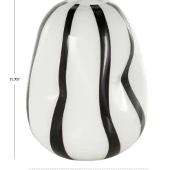 12" White & Black Stripes Glass Round Concaved Vase