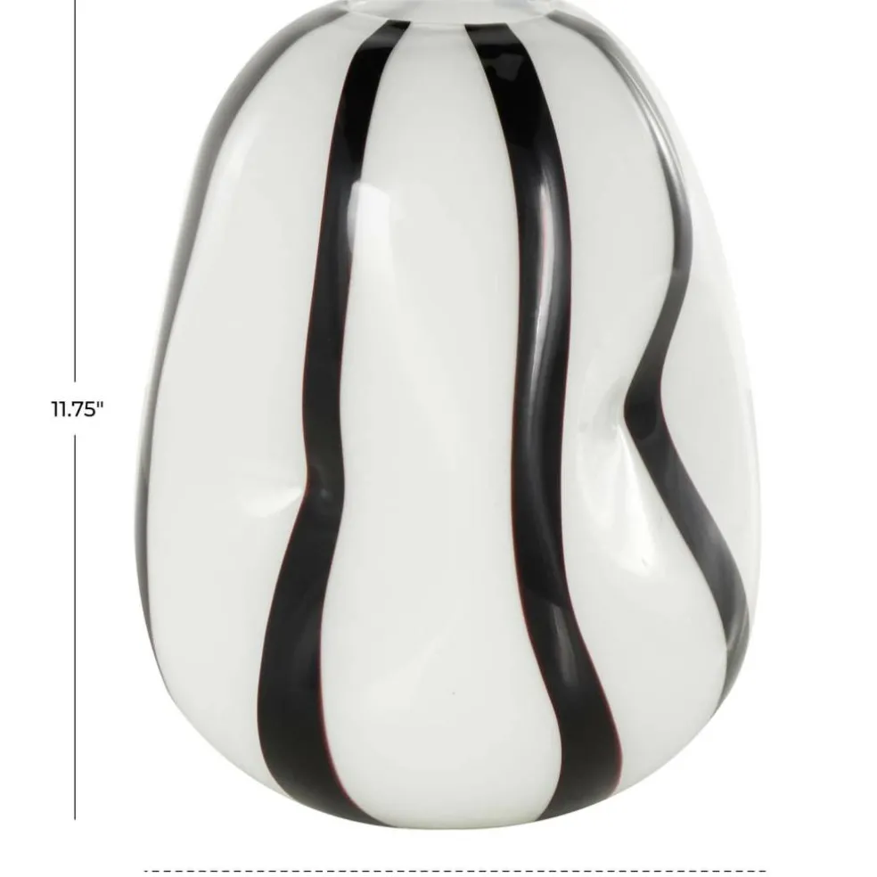 12" White & Black Stripes Glass Round Concaved Vase