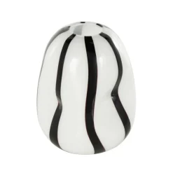 12" White & Black Stripes Glass Round Concaved Vase
