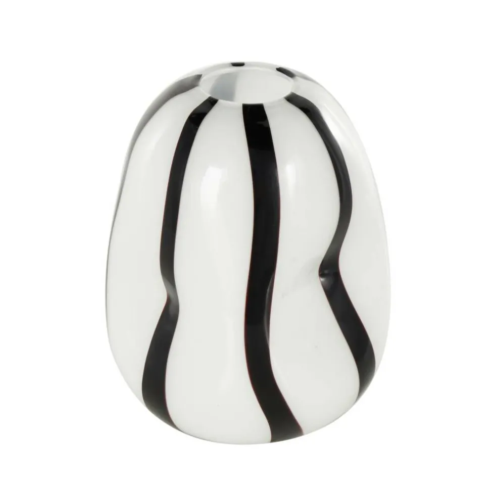 12" White & Black Stripes Glass Round Concaved Vase